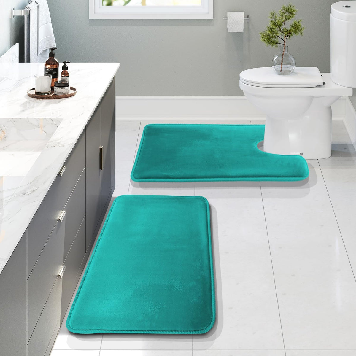Clara Clark 3 Piece Bathroom Rugs Bath Mat Set, Velvet Memory Foam Bath Mats for Bathroom - Non-Slip, PVC Backing Bath Rugs, Washable - Dries Quickly, Green