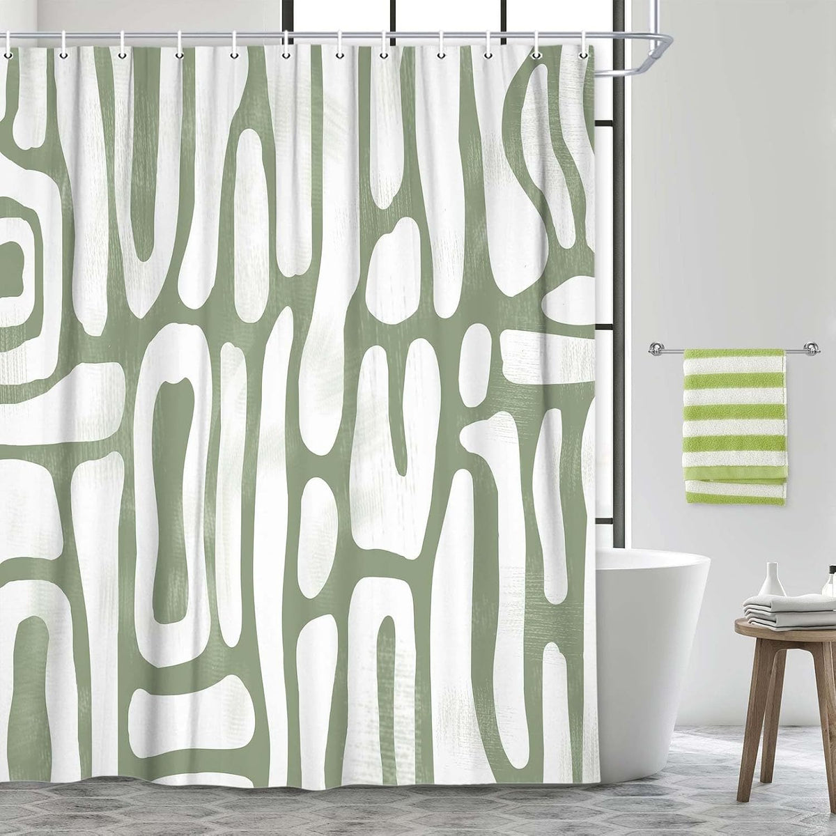 Bondjos Abstract Sage Green Shower Curtain,Boho Modern Geometric Line Art Decor,Abstract Minimalist Farmhouse Style Shower Curtain for Bathroom，Waterproof Polyester Fabric Bathroom Curtain,72x72 Inch
