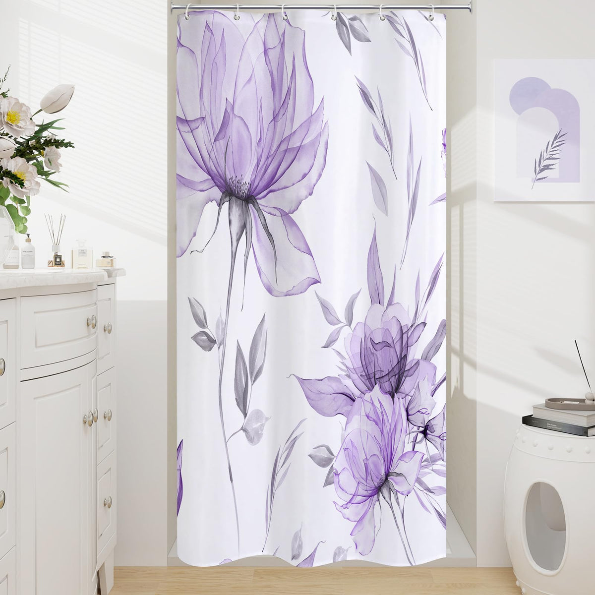 Blue Boho Floral Shower Curtain, Watercolor Botanical Design, 72 x 72
