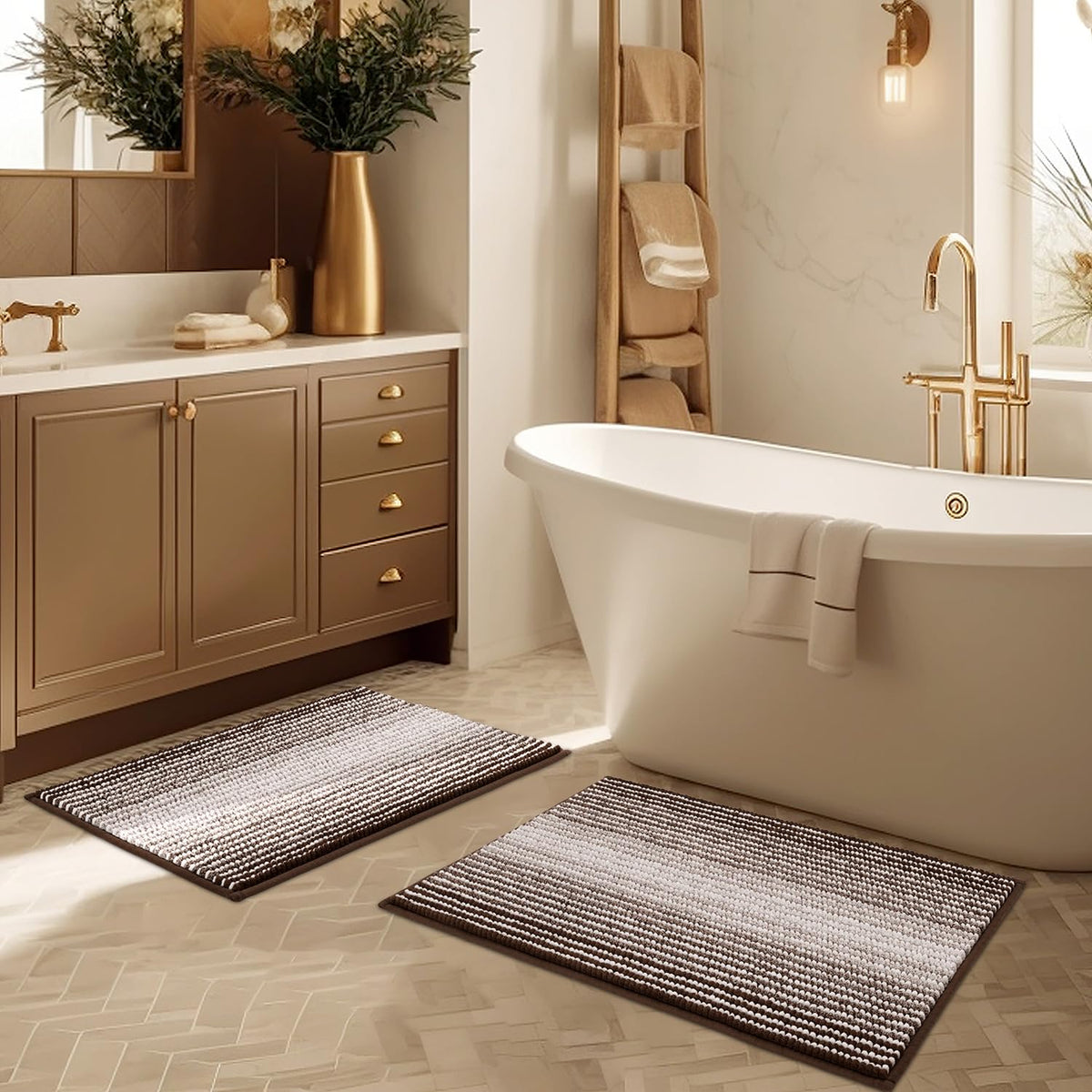BSICPRO Bathroom Rugs Sets 2 Piece, Non Slip Striped Bath Mats, Fog Blue