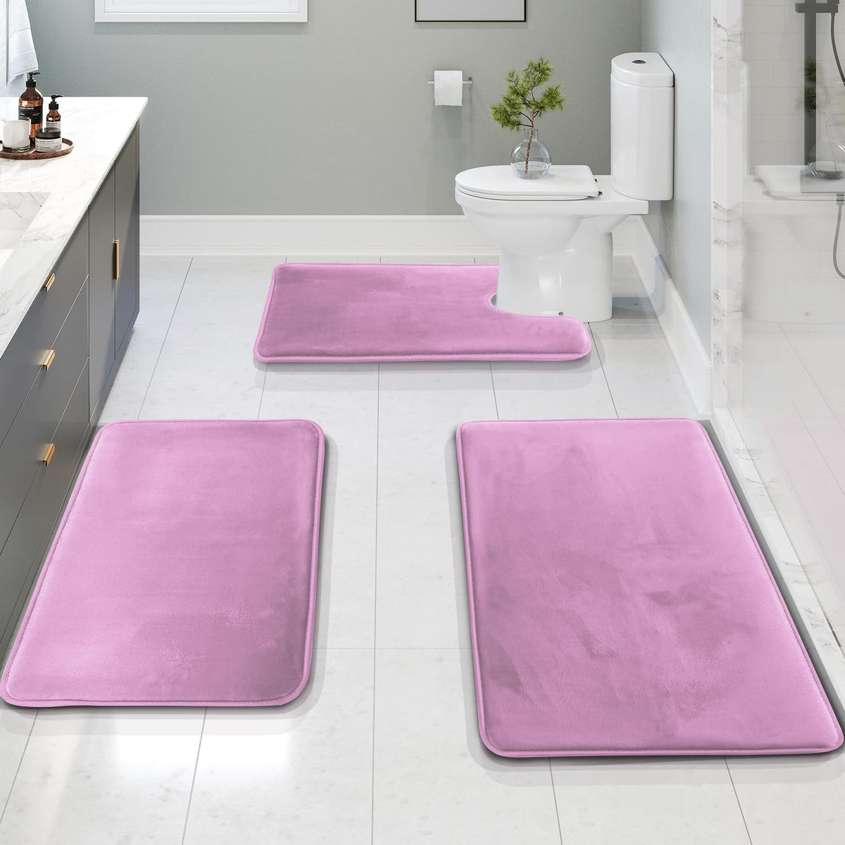 Clara Clark 3 Piece Bathroom Rugs Bath Mat Set, Velvet Memory Foam Bath Mats for Bathroom - Non-Slip, PVC Backing Bath Rugs, Washable - Dries Quickly, Green