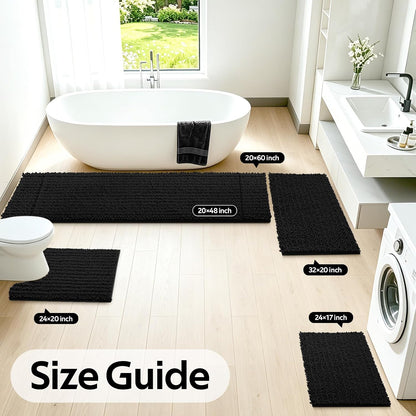 ACCUMTEK Upgrade Extra Large Black Bathroom Rug Set 3 Pieces Ultra Soft, Thick Absorbent Bath Mats, Non Slip Chenille Toilet Mat for Bathroom, Bedroom, Kitchen