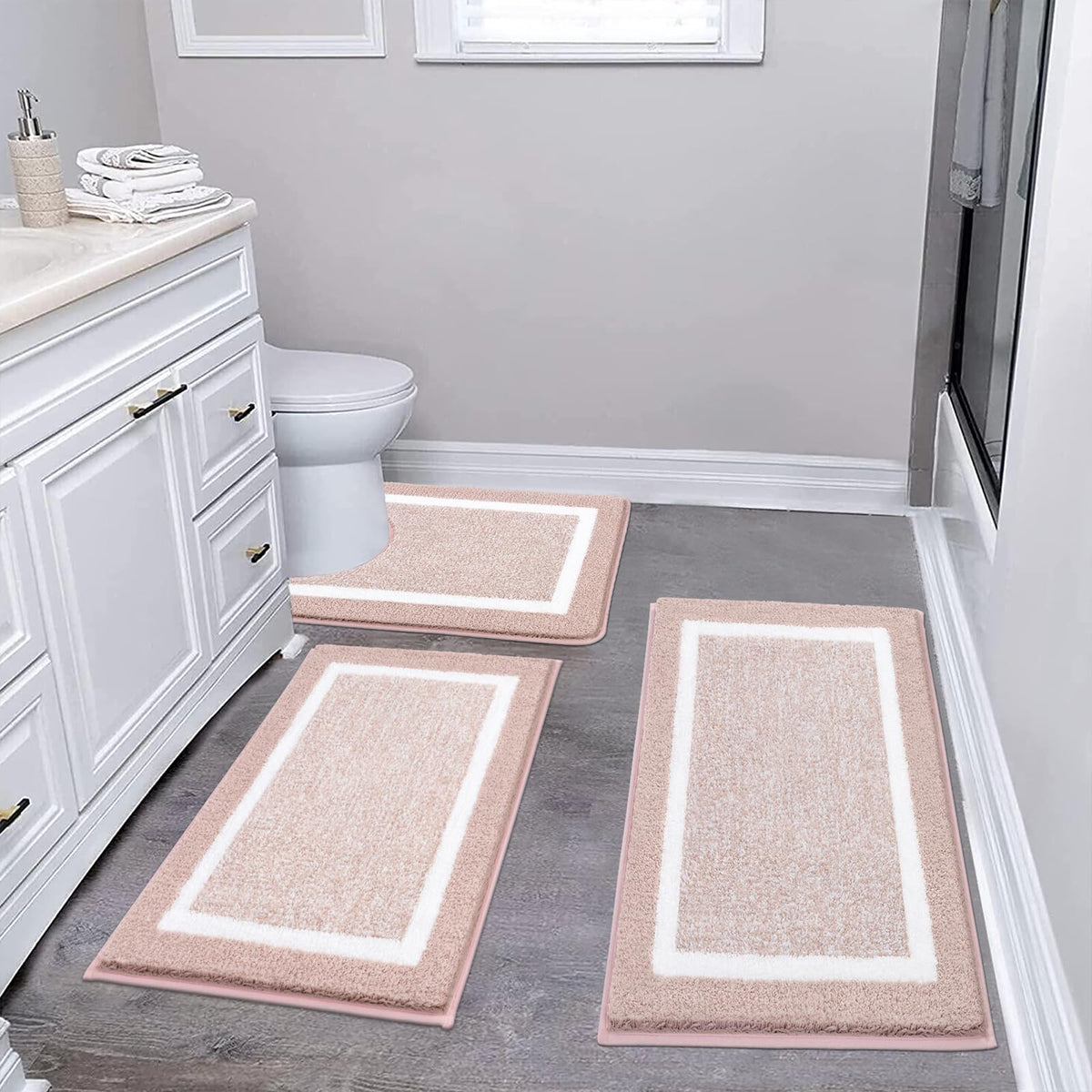 Pauwer Bathroom Rugs 3 Piece Set, Non Slip Washable Bath Mat, Dark Grey