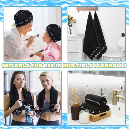 Hahafelt 2 Scalloped Hand Towels Fingertip Towels for Bathroom,Black White