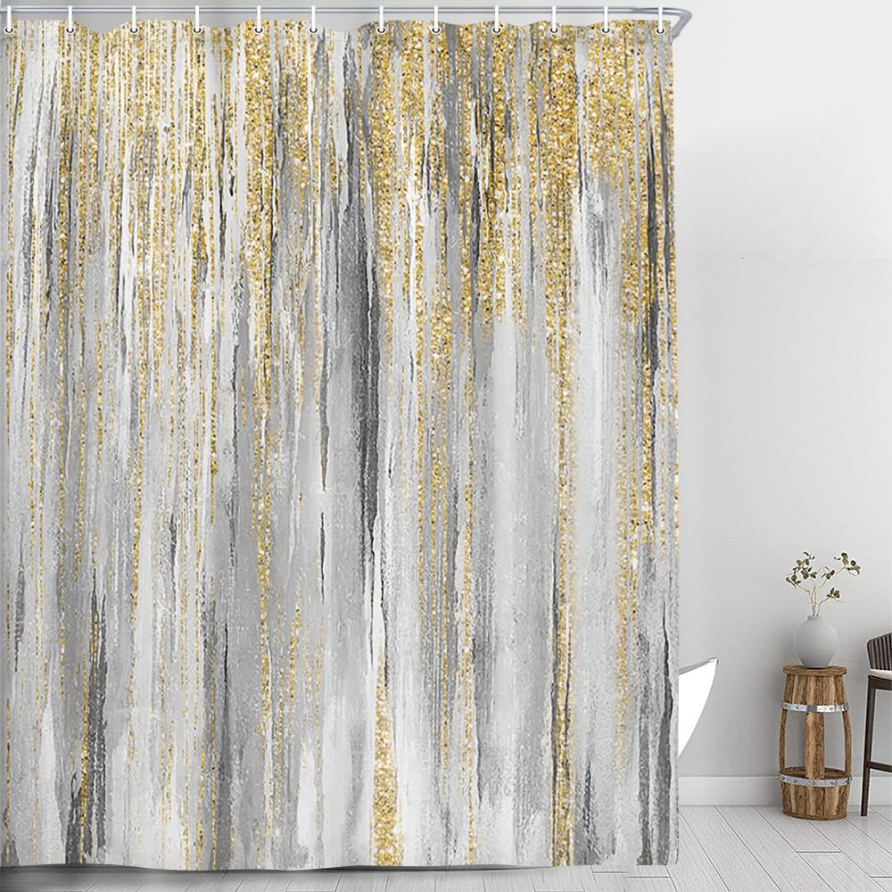 JAWO Abstract Shower Curtain,Modern Aesthetic Abstract Stripe Shower Curtain Set, Yellow Blue Grey Contemporary Abstract Painting Fabric Shower Curtains