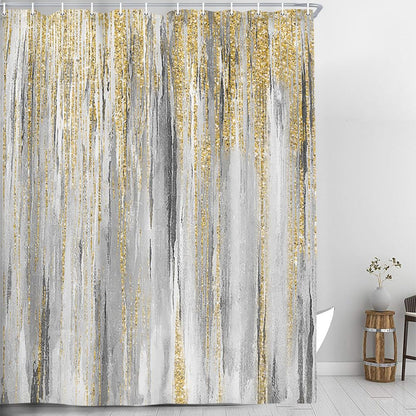 JAWO Abstract Shower Curtain,Modern Aesthetic Abstract Stripe Shower Curtain Set, Yellow Blue Grey Contemporary Abstract Painting Fabric Shower Curtains