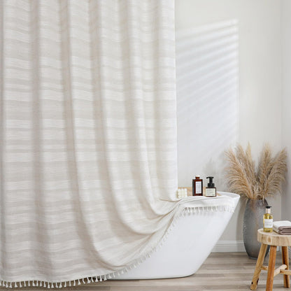 OVZME Sage Green Shower Curtain for Bathroom, Boho Linen Textured Shower Curtain with Tassel, Rustic Striped Heavy Duty Vintage Country Bathroom Curtain, 72Wx72L Inches