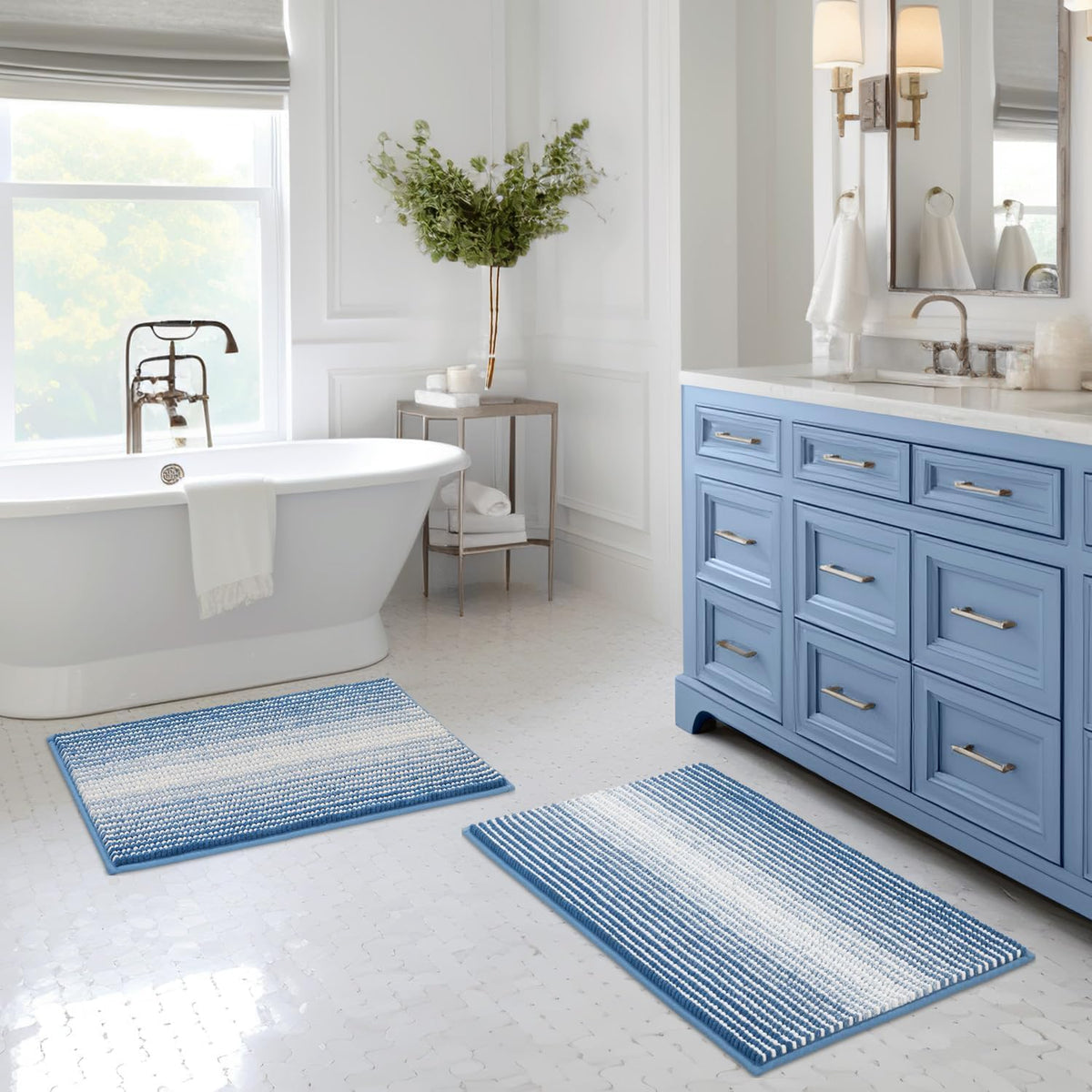 BSICPRO Bathroom Rugs Sets 2 Piece, Non Slip Striped Bath Mats, Fog Blue
