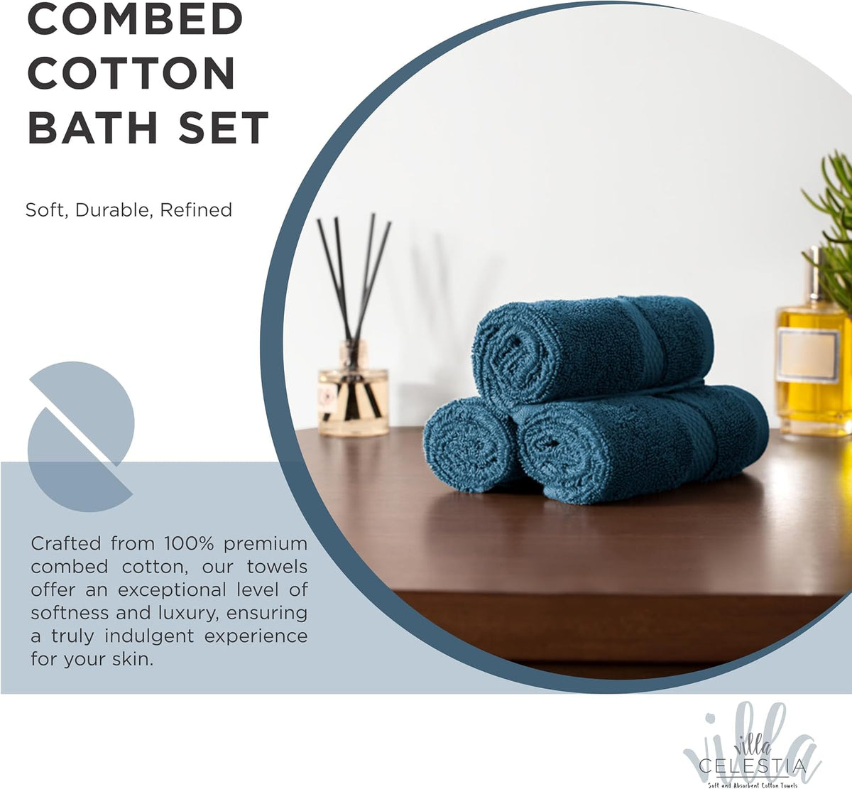 Villa Celestia 100% Cotton Bath Towel Set of 18-4 Bath Towels, 6 Hand Towels, 8 Wash Cloths, Sustainable, Soft, Highly Absorbent, Combed Cotton 18 Piece Set for Hotels, Spa, Bathroom, Dorm, Blue