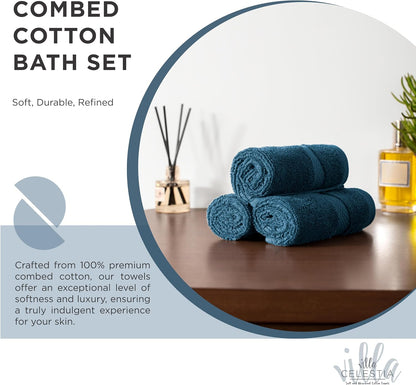 Villa Celestia 100% Cotton Bath Towel Set of 18-4 Bath Towels, 6 Hand Towels, 8 Wash Cloths, Sustainable, Soft, Highly Absorbent, Combed Cotton 18 Piece Set for Hotels, Spa, Bathroom, Dorm, Blue