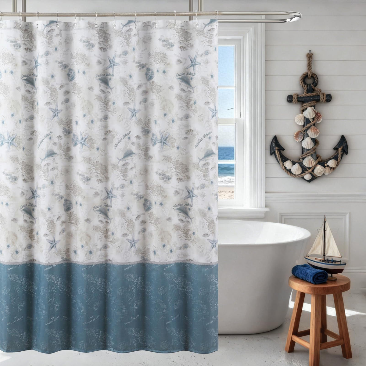 Coastal Seashell Fabric Shower Curtain, Under The Sea Beach Ocean Theme Shower Curtain with Starfish & Coral, Waterproof Blue Nautical Decorative Bathroom Curtains, 72" W x 72" H