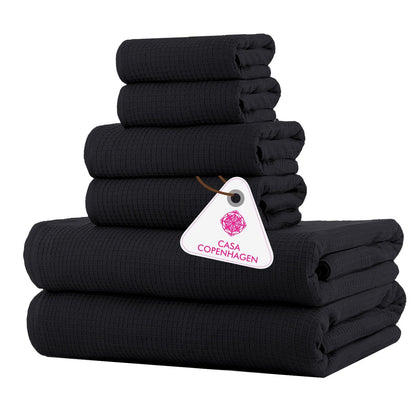 CASA COPENHAGEN Solitaire 6 Pieces Towel Set- Midnight Black, 600 GSM 2 Bath Towel 2 Hand Towel 2 Washcloth, Designed in Denmark Made of Soft Egyptian Cotton for Bathroom, Kitchen & Shower