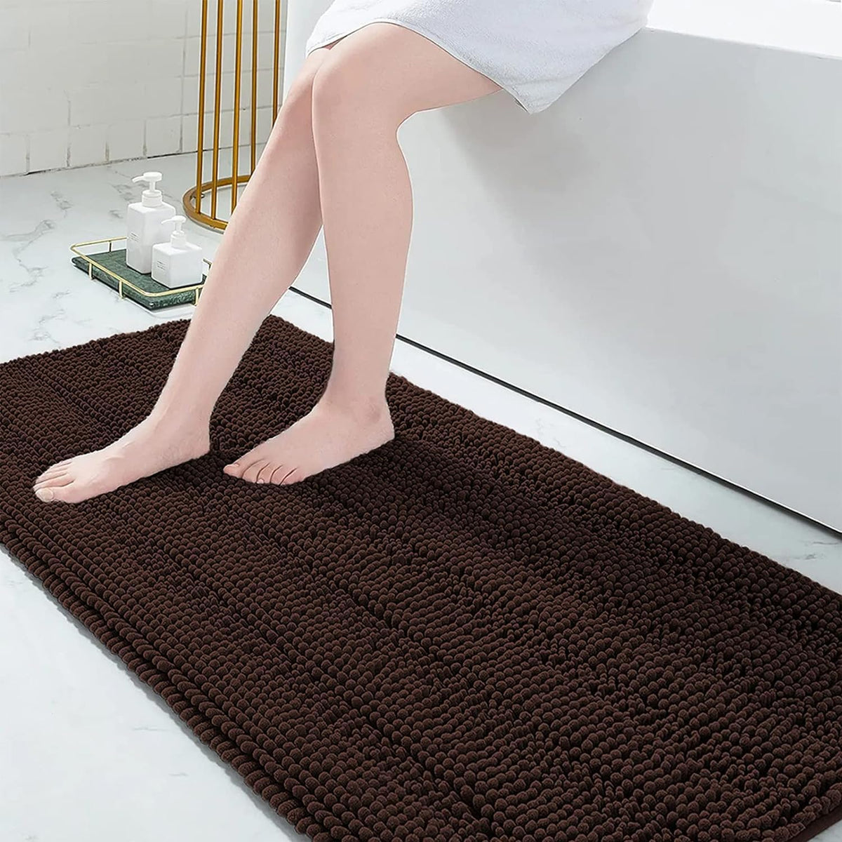 Grandaily Chenille Striped Bathroom Rugs 36x24, Extra Thick and Absorbent Bath Mats, Non-Slip Soft Plush Shaggy Shower Carpet, Machine Wash Dry, Bath Rug for Bathroom, (Large, Light Grey)