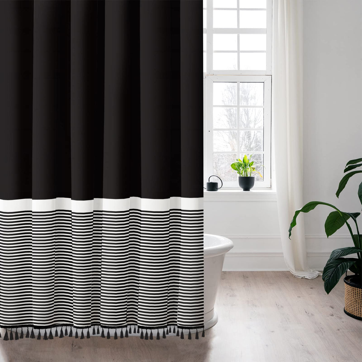 Seasonwood Black and White Shower Curtain Striped with Tassels for Bathroom Decor,Heavy Weighted 72-Inch, 72 x 72