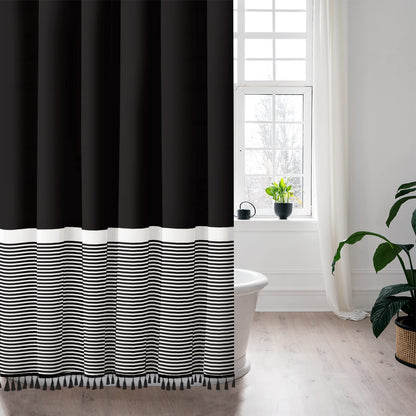 Seasonwood Black and White Shower Curtain Striped with Tassels for Bathroom Decor,Heavy Weighted 72-Inch, 72 x 72