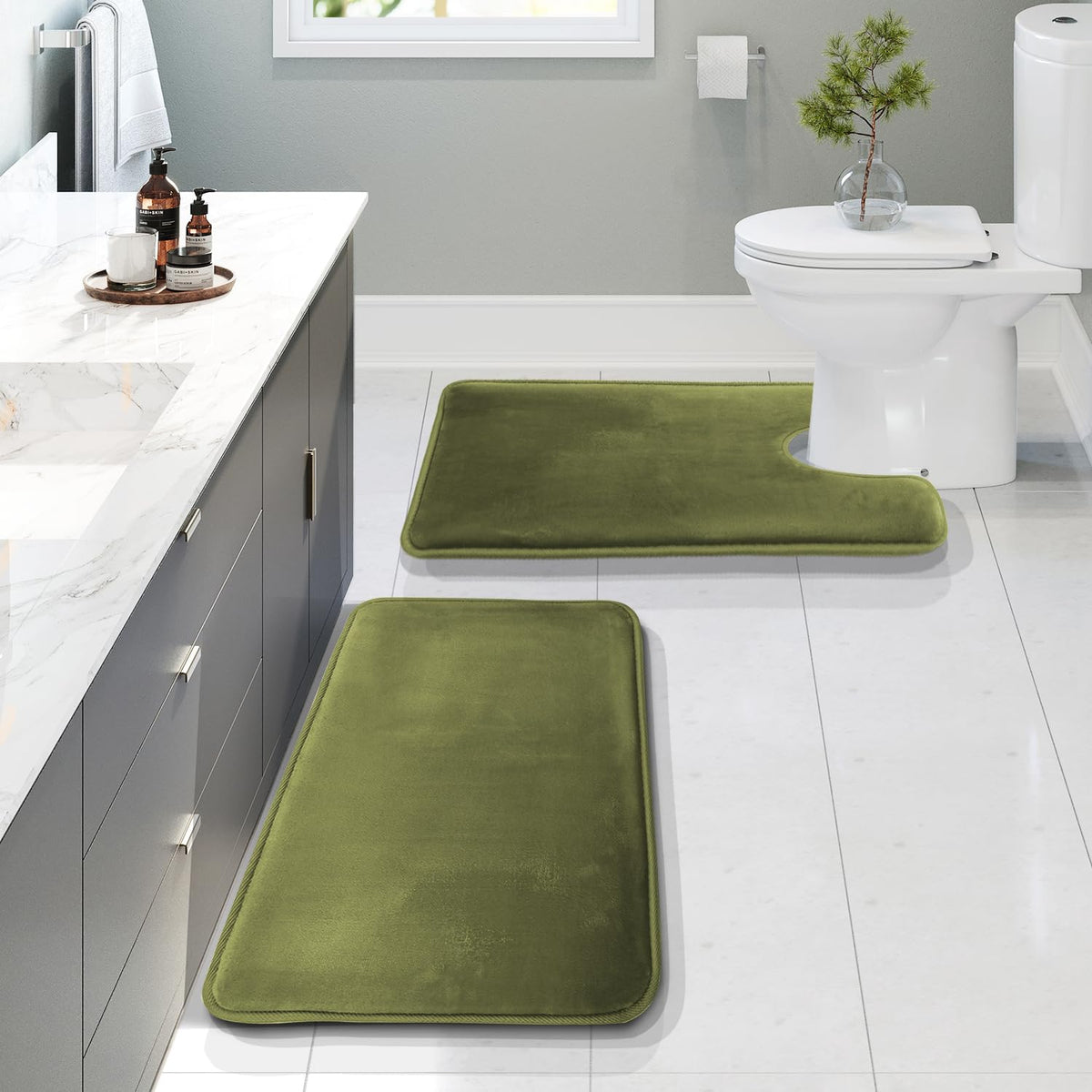 Clara Clark 3 Piece Bathroom Rugs Bath Mat Set, Velvet Memory Foam Bath Mats for Bathroom - Non-Slip, PVC Backing Bath Rugs, Washable - Dries Quickly, Green
