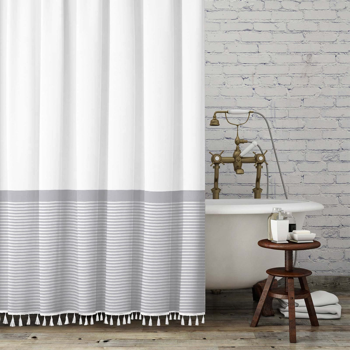 Seasonwood Black and White Shower Curtain Striped with Tassels for Bathroom Decor,Heavy Weighted 72-Inch, 72 x 72