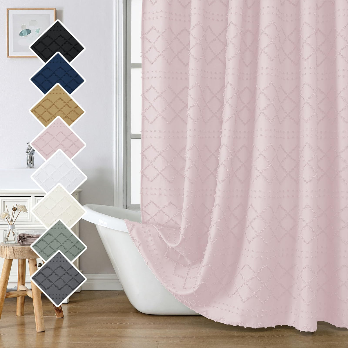 Lecloud White Fabric Shower Curtain 72x72 Inches, Boho Tufted Plaid Striped Shower Curtain Set for Bathroom, Chic Textured Cloth Shower Curtain