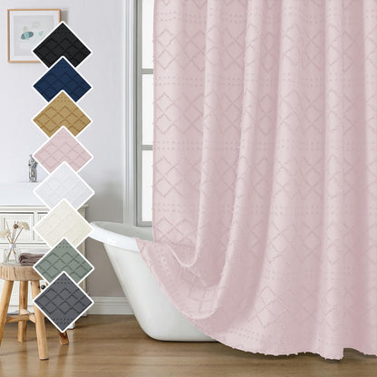 Lecloud White Fabric Shower Curtain 72x72 Inches, Boho Tufted Plaid Striped Shower Curtain Set for Bathroom, Chic Textured Cloth Shower Curtain