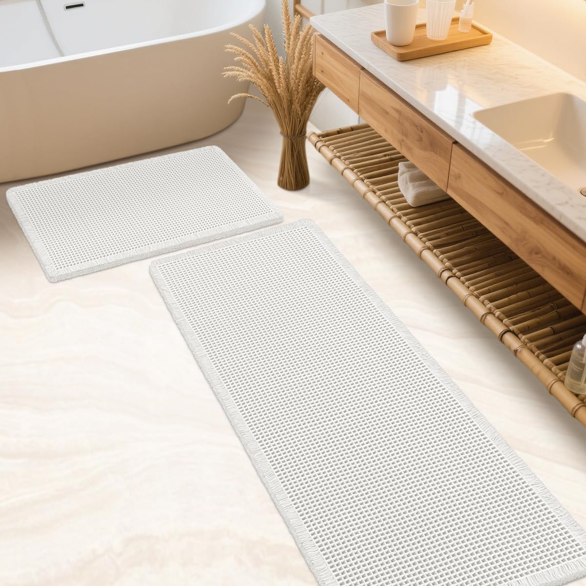 IM HOME Waffle Bath Mat Beige 32"x20", Boho Woven Modern Bath Mat Rugs, Absorbent Non Slip Bathroom Rugs, Soft Washable Bath Rugs with Tassels for Bathroom, Bedroom, Kitchen, Shower, Tub
