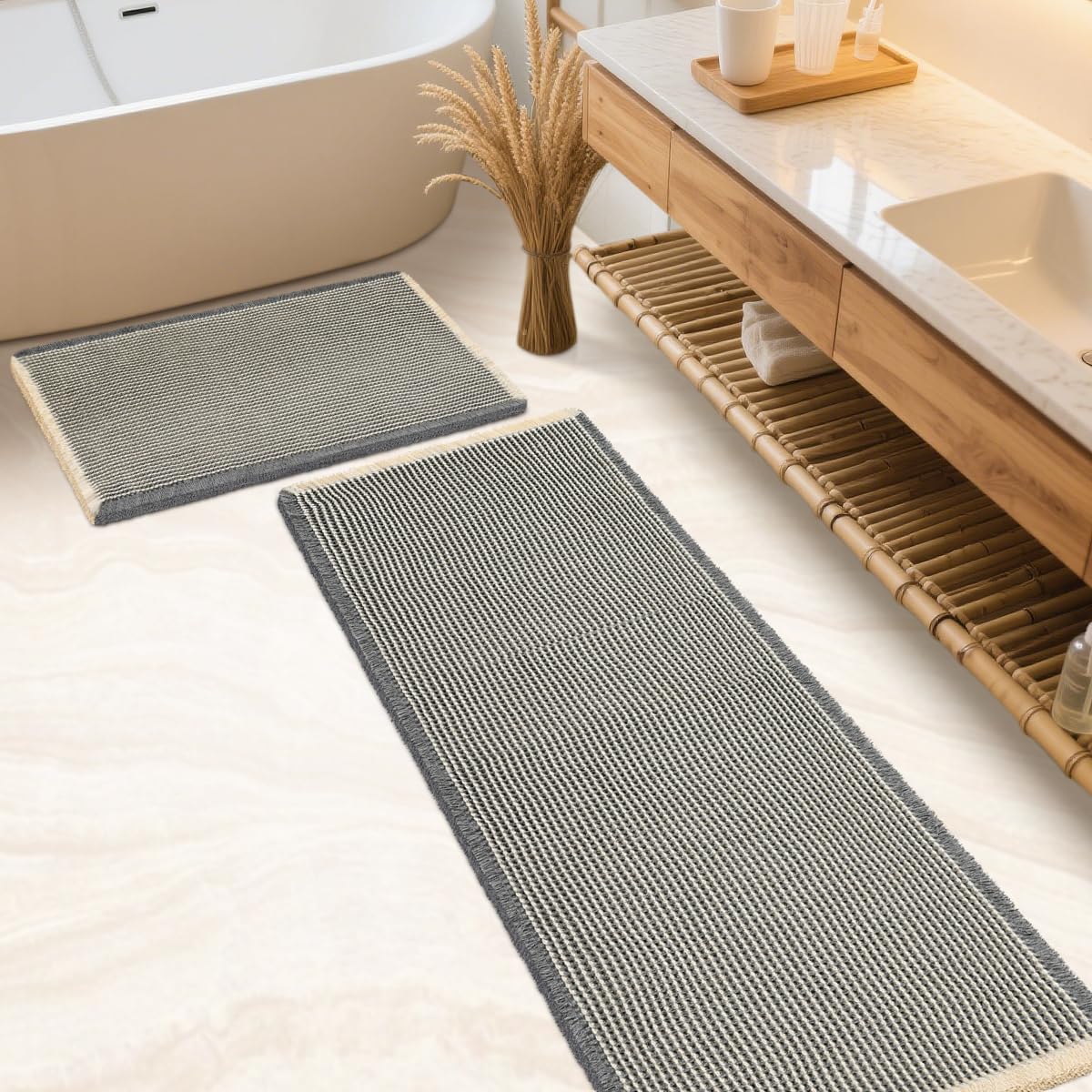 IM HOME Waffle Bath Mat Beige 32"x20", Boho Woven Modern Bath Mat Rugs, Absorbent Non Slip Bathroom Rugs, Soft Washable Bath Rugs with Tassels for Bathroom, Bedroom, Kitchen, Shower, Tub