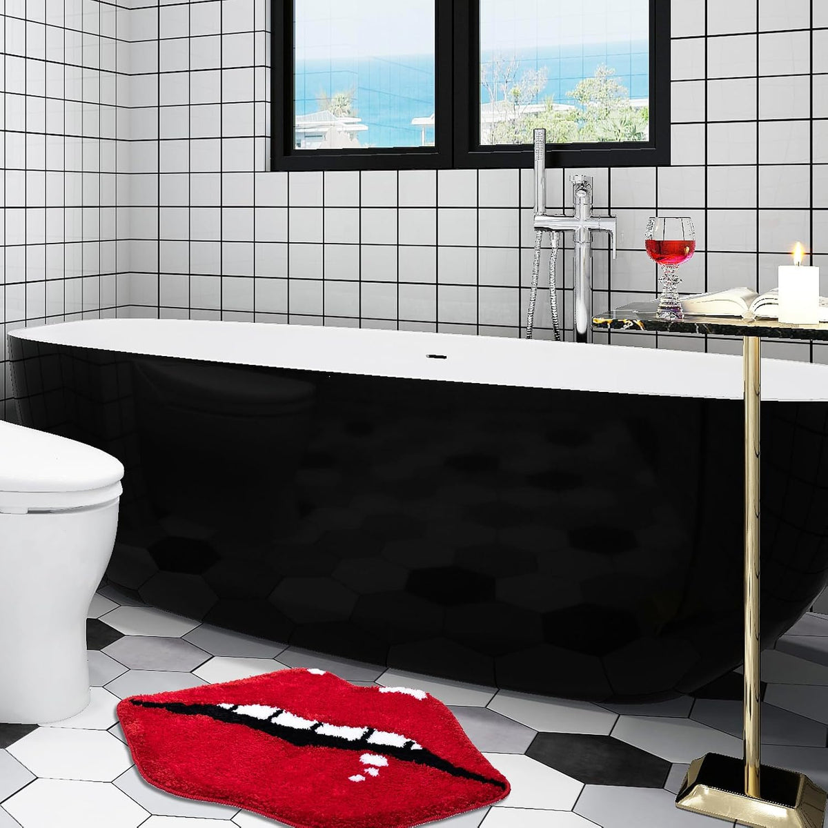 Panstar Lips Shaped Bathroom Rug, Cute Red Bath Mat Non Slip, Absorbent, Plush Shower Rugs For Bathtub