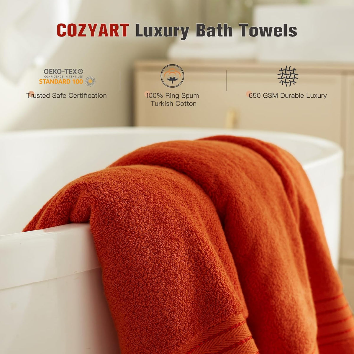 COZYART Luxury Bath Towels 4 PCS, 27x54 650 GSM Turkish Cotton Burnt Orange