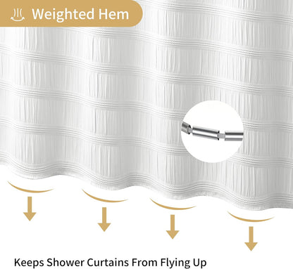 White Shower Curtain Fabric, White Textured Shower Curtain Boho Cotton Blend Striped Waffle Shower Curtains for Bathroom 72 x 72