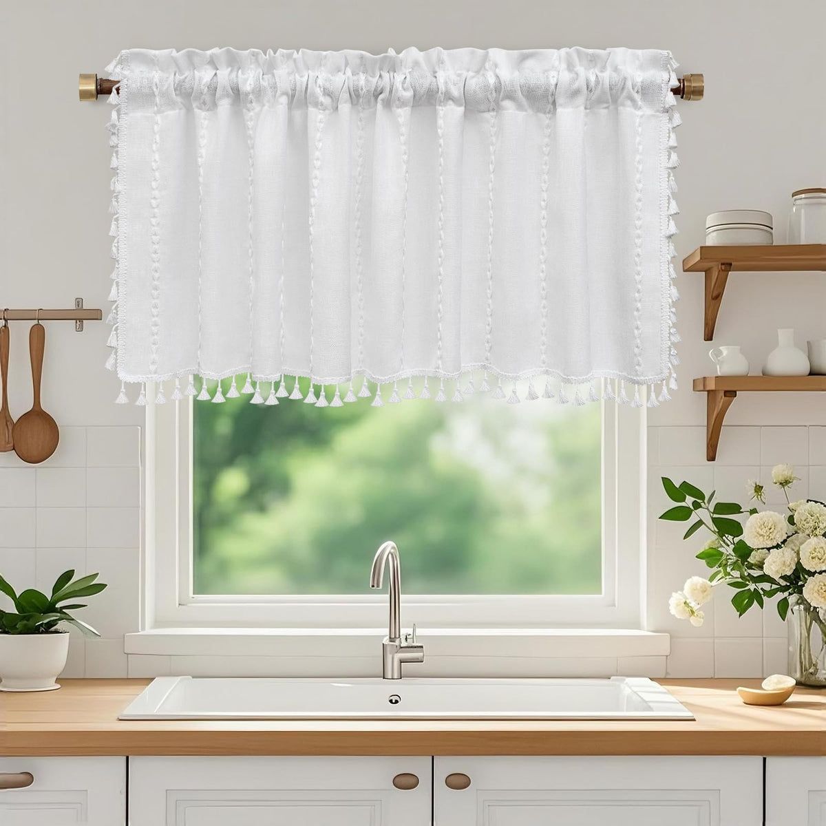 Seenus Boho Farmhouse Linen Shower Curtain with Tassels, Tan Brown Heavyweight Soft Fabric Shower Curtain Striped, 72 x 72 Inch Taupe Water Repellent Rustic Country Bathroom Curtain Wrinkle-Free