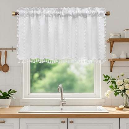 Seenus Boho Farmhouse Linen Shower Curtain with Tassels, Tan Brown Heavyweight Soft Fabric Shower Curtain Striped, 72 x 72 Inch Taupe Water Repellent Rustic Country Bathroom Curtain Wrinkle-Free
