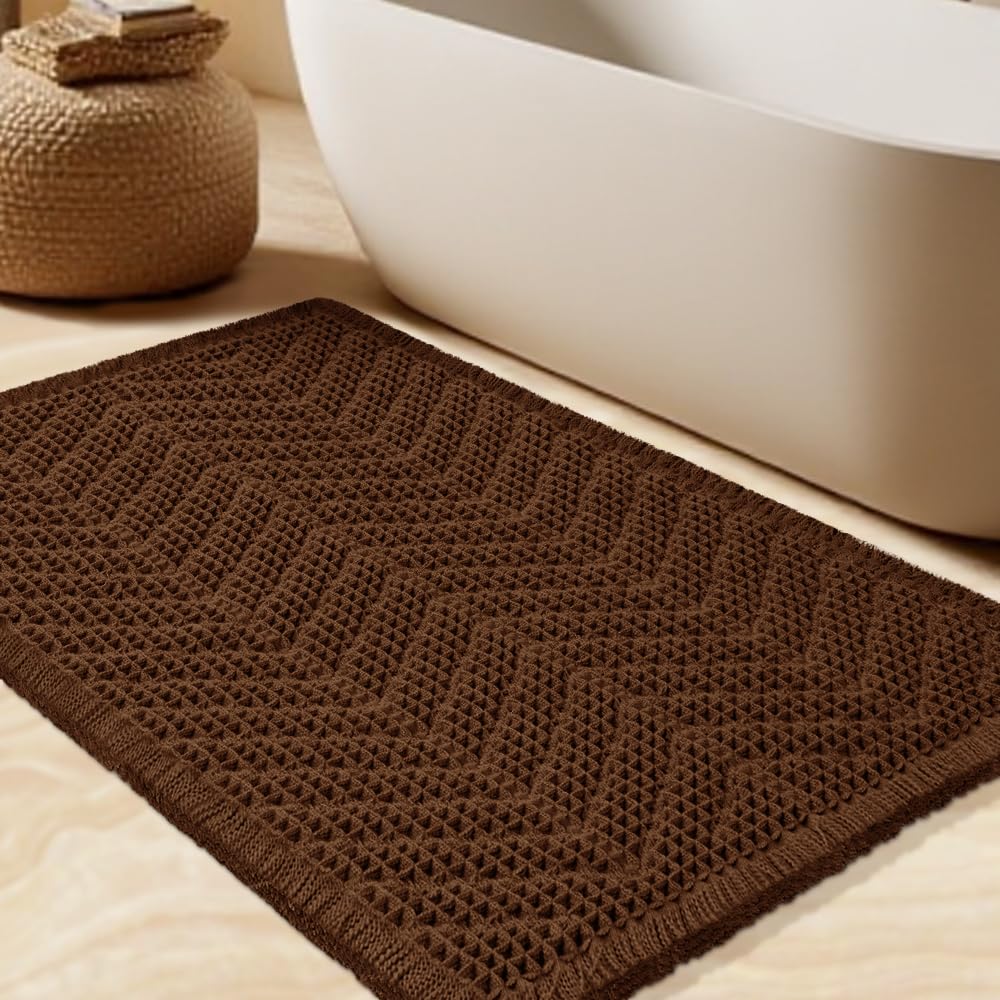 Upgrade Waffle Bath Mat Set 2 Piece, Boho Bathroom Rugs Absorbent Non Slip, Ultra Soft Bathroom Mat, Machine Washable Knit Bath Rugs with Herringbones for Bathroom, Bedroom, Kitchen, Shower, White