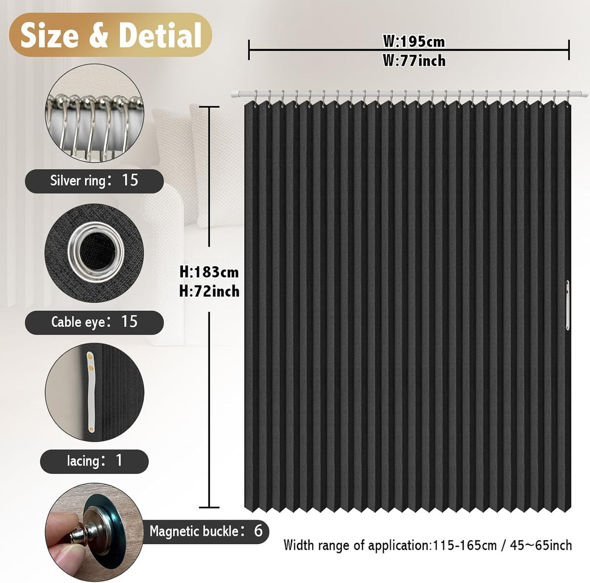 AJAZZ Magnetic Folding Shower Curtains Fabric Polyester Material Waterproof Shower Curtain Suitable for Family Hotel Homestay (Black,77" W x 72" L) 1 Panel