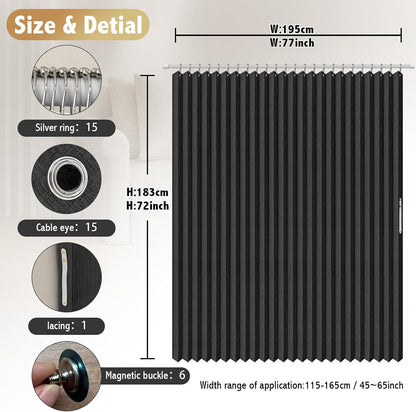 AJAZZ Magnetic Folding Shower Curtains Fabric Polyester Material Waterproof Shower Curtain Suitable for Family Hotel Homestay (Black,77" W x 72" L) 1 Panel