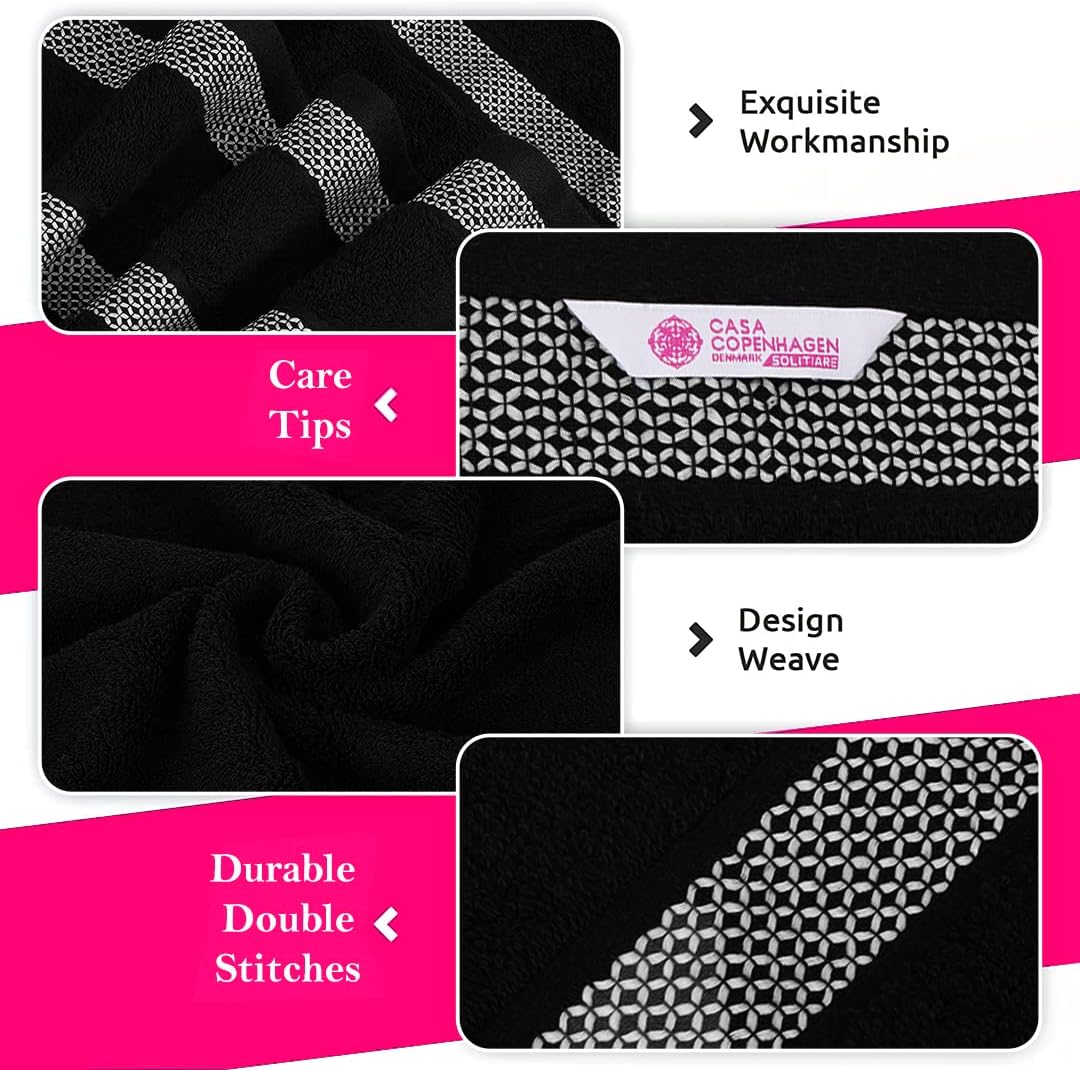 CASA COPENHAGEN Solitaire 6 Pieces Towel Set- Midnight Black, 600 GSM 2 Bath Towel 2 Hand Towel 2 Washcloth, Designed in Denmark Made of Soft Egyptian Cotton for Bathroom, Kitchen & Shower