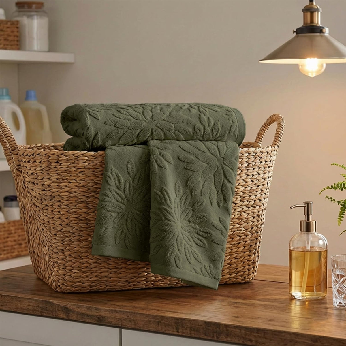 Artoid Mode 2 Pcs Olive Green 3D Dahlia Floral Jacquard Hand Towels for Bathroom, Cotton Soft Absorbent Bathroom Decor Towels, 13.7 x 29.5 Inch