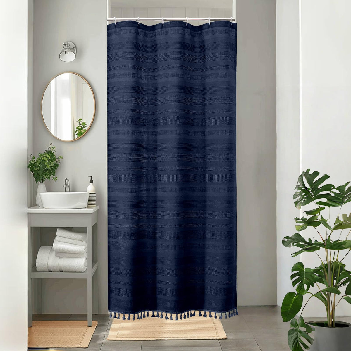 OVZME Sage Green Shower Curtain for Bathroom, Boho Linen Textured Shower Curtain with Tassel, Rustic Striped Heavy Duty Vintage Country Bathroom Curtain, 72Wx72L Inches