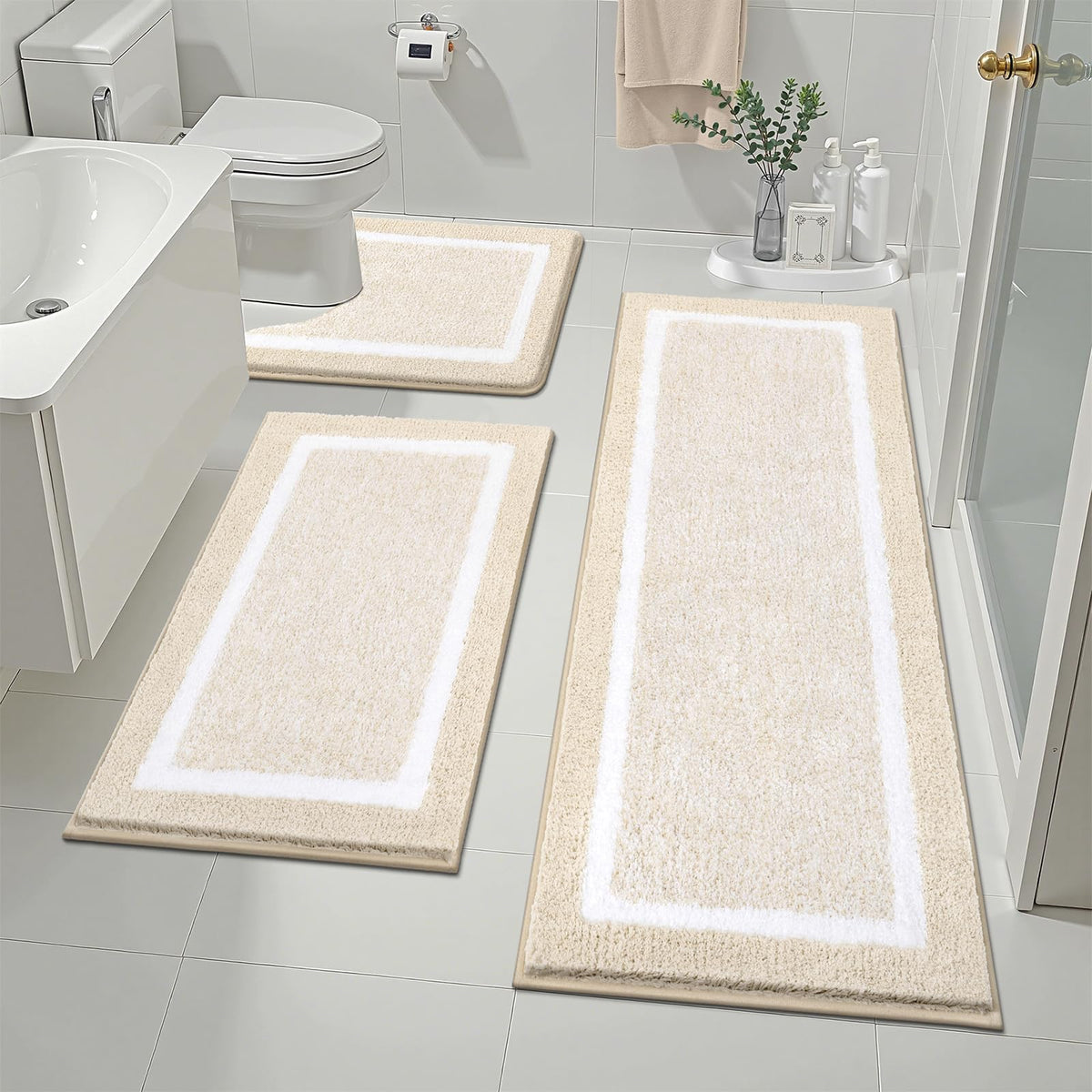 Pauwer Bathroom Rugs 3 Piece Set, Non Slip Washable Bath Mat, Dark Grey