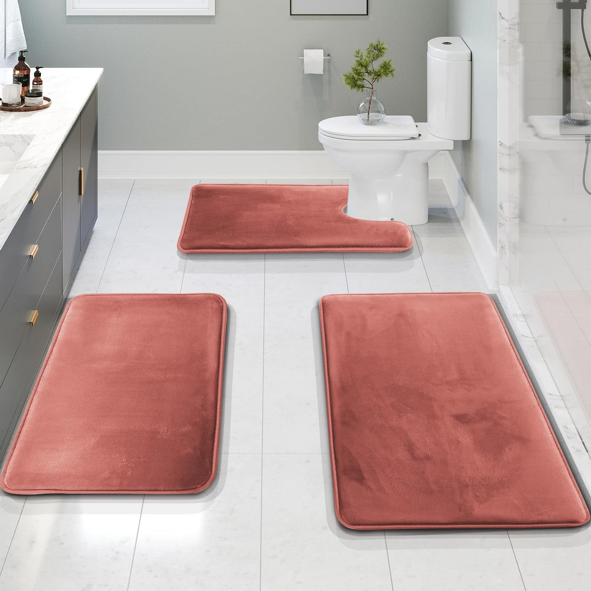 Clara Clark 3 Piece Bathroom Rugs Bath Mat Set, Velvet Memory Foam Bath Mats for Bathroom - Non-Slip, PVC Backing Bath Rugs, Washable - Dries Quickly, Green