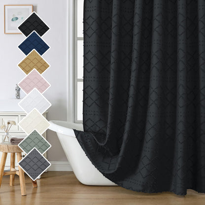 Lecloud White Fabric Shower Curtain 72x72 Inches, Boho Tufted Plaid Striped Shower Curtain Set for Bathroom, Chic Textured Cloth Shower Curtain