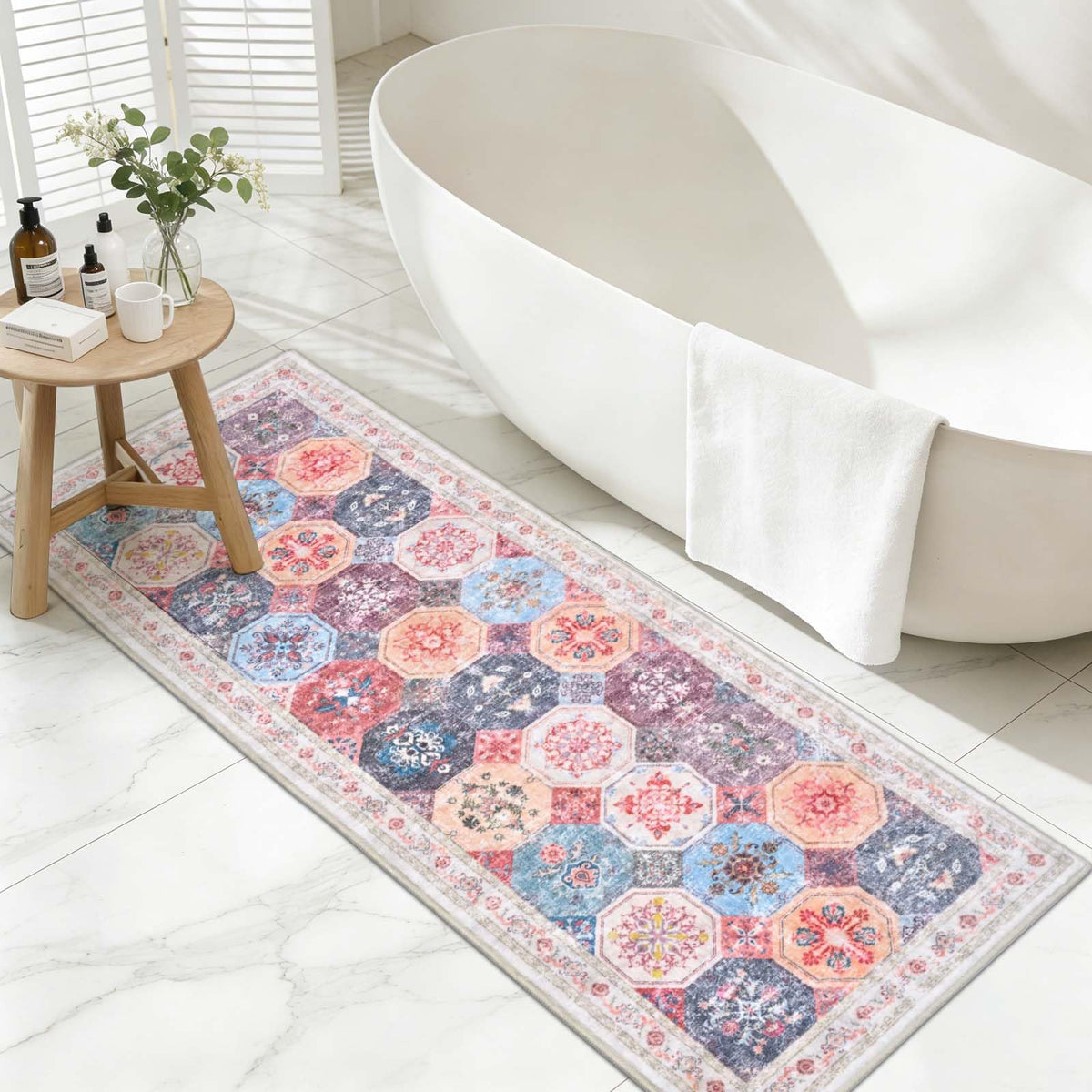 Yinhua Boho Bathroom Runner Rug Non Silp, Vintage Long Bath Mat Washable