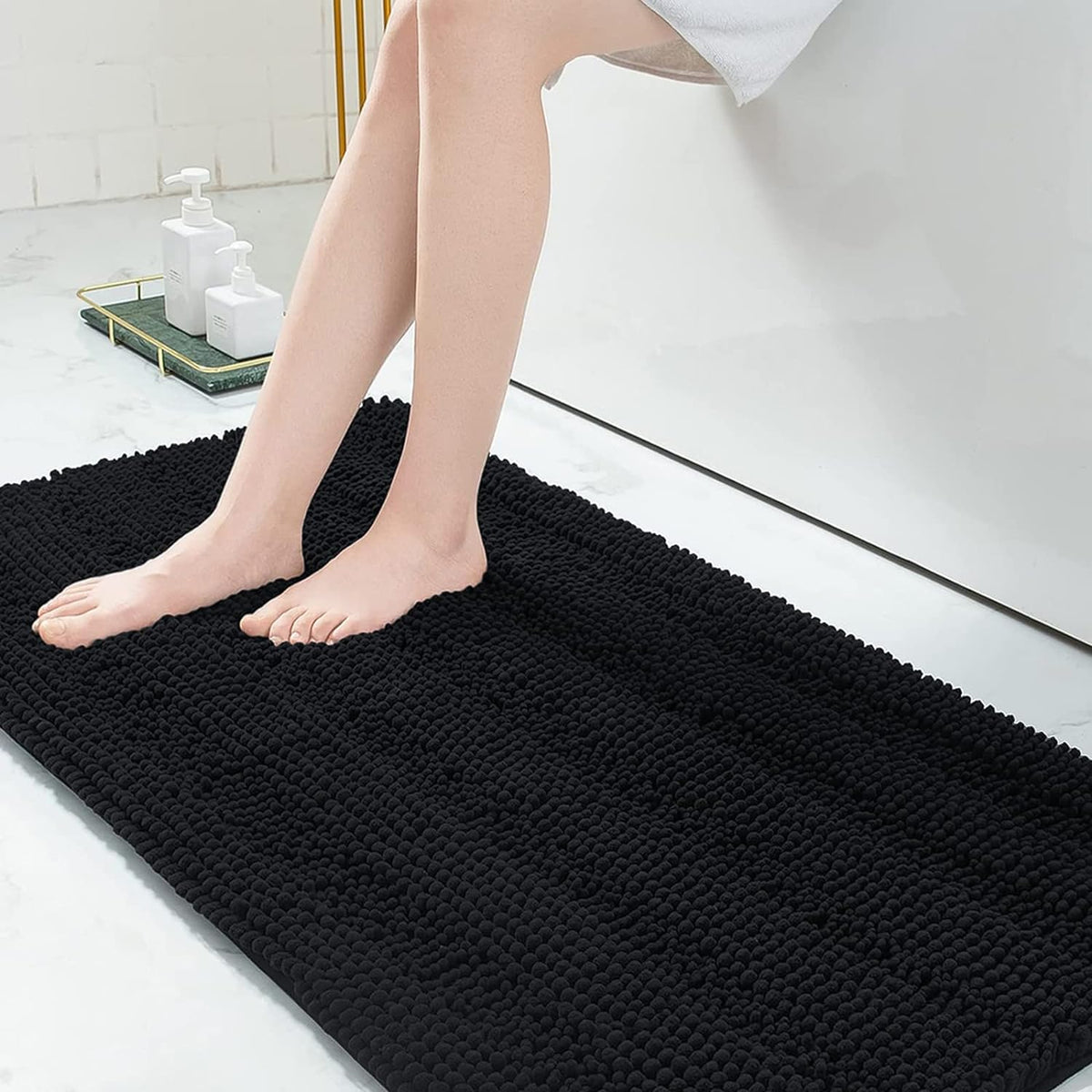 Grandaily Chenille Striped Bathroom Rugs 36x24, Extra Thick and Absorbent Bath Mats, Non-Slip Soft Plush Shaggy Shower Carpet, Machine Wash Dry, Bath Rug for Bathroom, (Large, Light Grey)