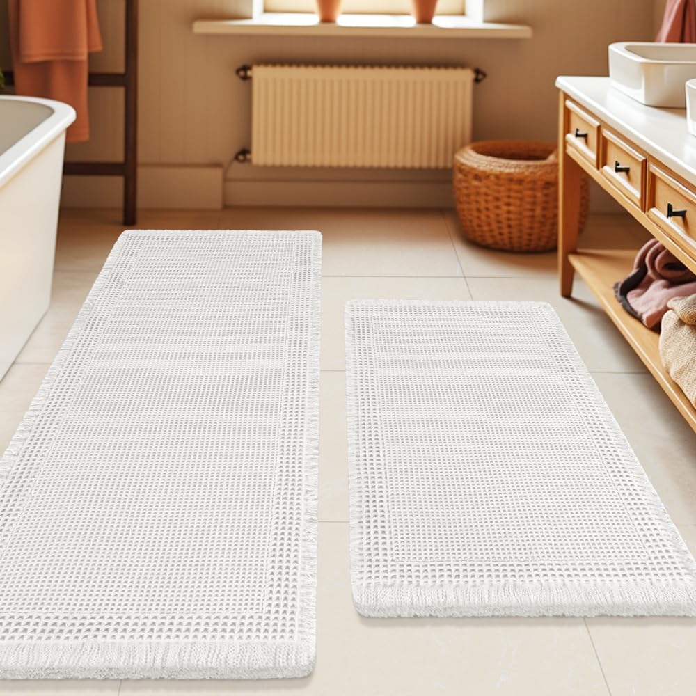 Upgrade Waffle Bath Mat Set 2 Piece, Boho Bathroom Rugs Absorbent Non Slip, Ultra Soft Bathroom Mat, Machine Washable Knit Bath Rugs with Herringbones for Bathroom, Bedroom, Kitchen, Shower, White