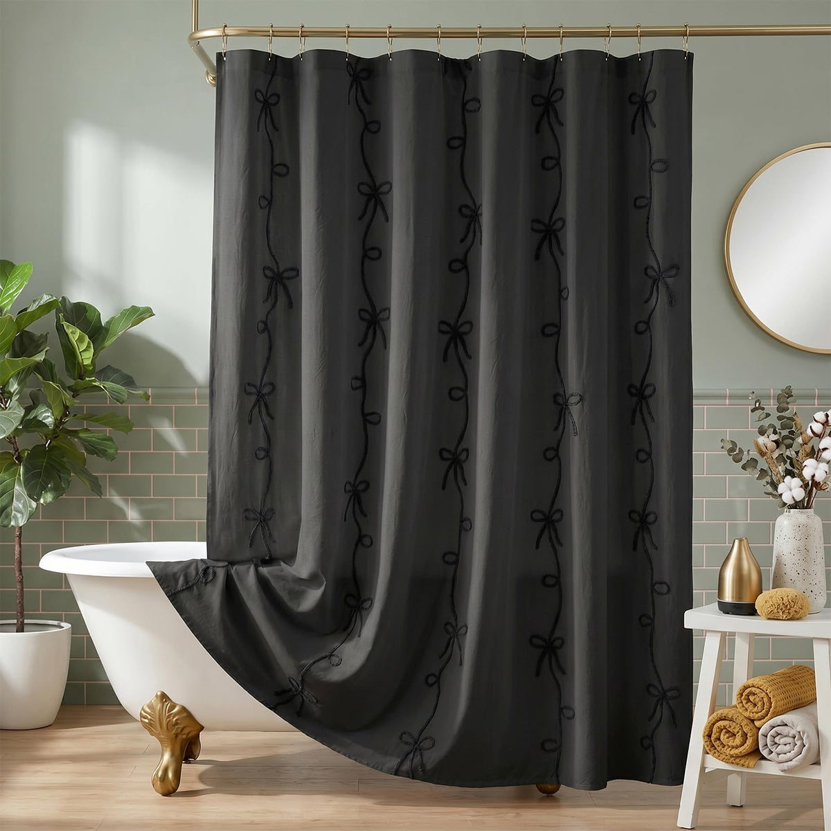 Seasonwood Pink Bow Shower Curtain with Cording Bow Embroidery 72x72 Inches
