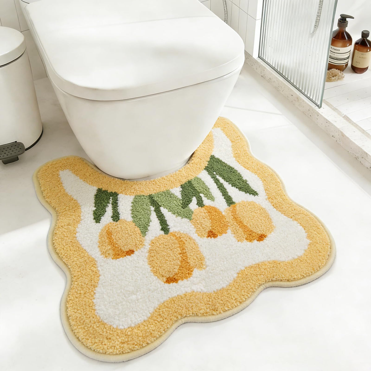Cloud-Shaped Lily Bath Mat, Soft Non-Slip Fluffy Fresh Flowers Bathroom Rug, Ultra Absorbent Microfiber Shaggy Door Mat, Machine Washable Bath Rug Carpet for Bathtub Bedroom 20x31 Inch (White)