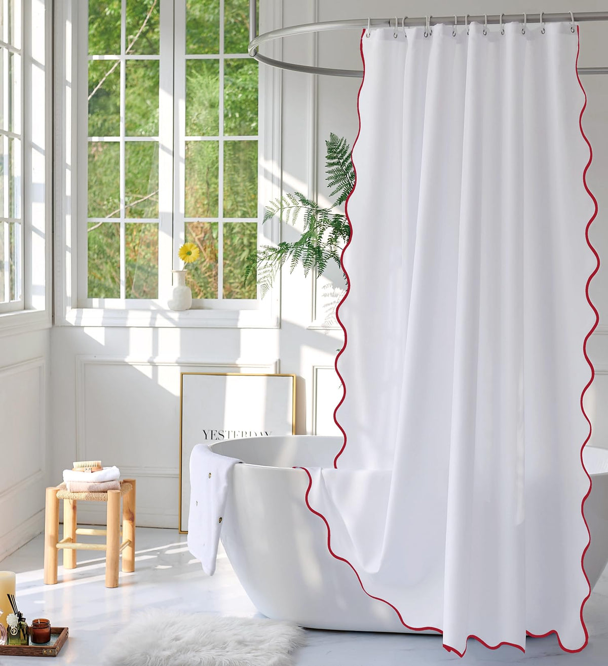 White Fabric with Water Blue Scalloped Border Shower Curtain,Boho Chic Cloth Shower Curtain for Bathroom Showers,72 x 72 Inches