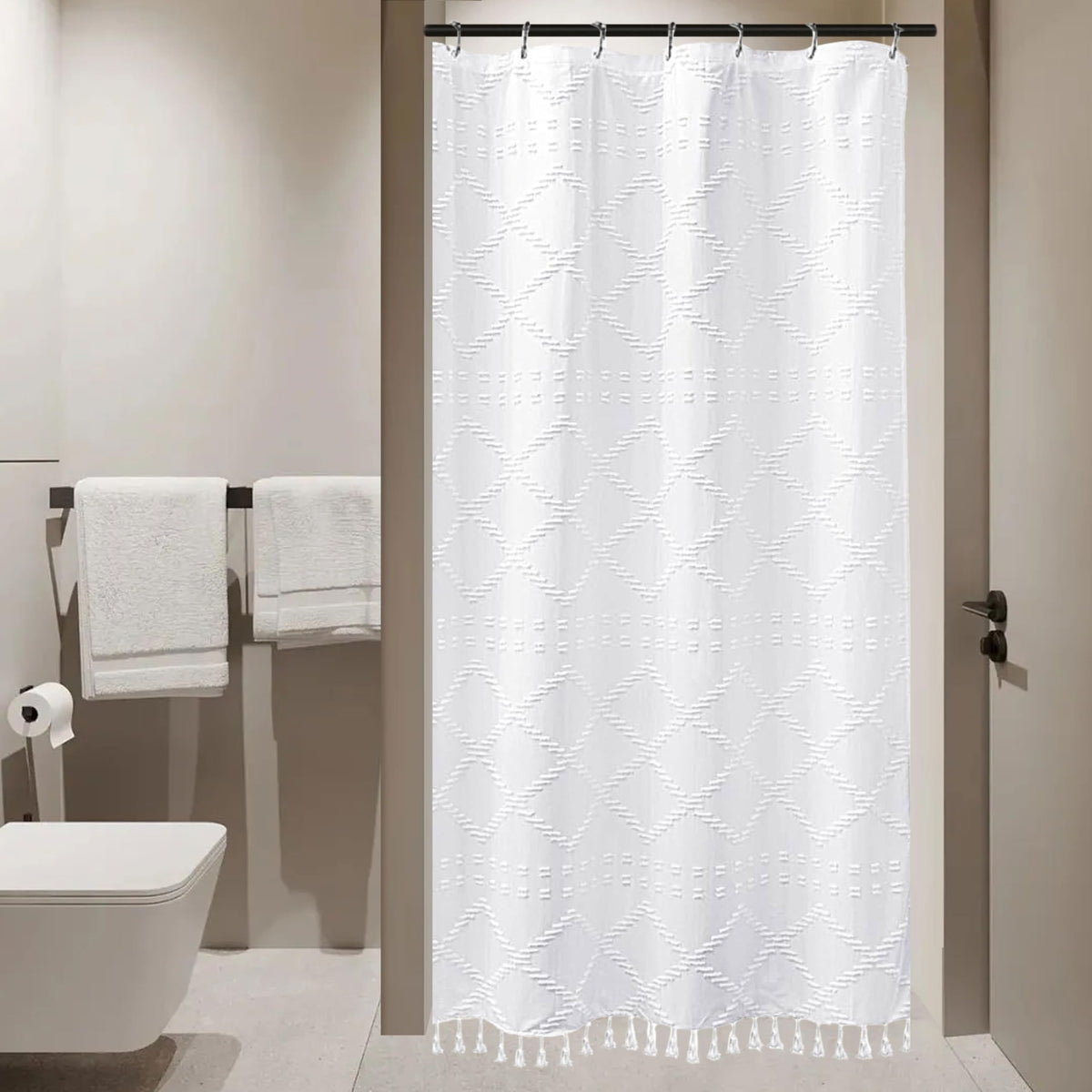 Siiluminisoy Navy Blue Shower Curtain Boho Shower Curtains Fabric, Tufted Chevron Textured Striped Modern Minimalist Cloth Shower Curtain for Bathroom, 72 x 72