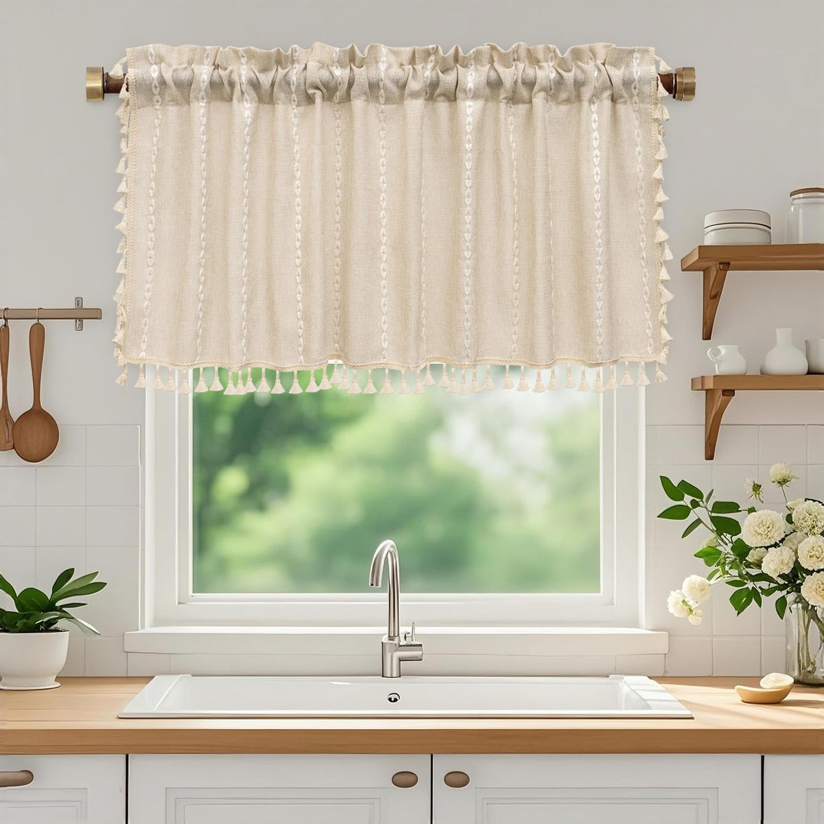 Seenus Boho Farmhouse Linen Shower Curtain with Tassels, Tan Brown Heavyweight Soft Fabric Shower Curtain Striped, 72 x 72 Inch Taupe Water Repellent Rustic Country Bathroom Curtain Wrinkle-Free