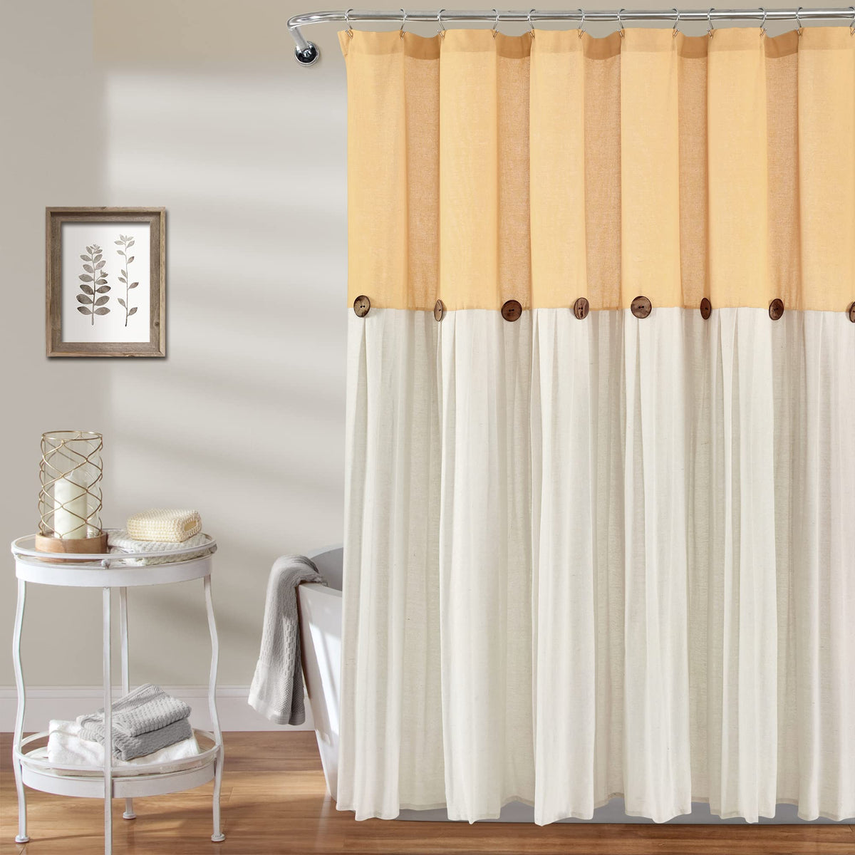 Lush Decor Linen Button Shower Curtain, 72" W x 72" L, Linen - Neural Shower Curtain Fabric - Bathroom Curtain - Farmhouse Bathroom Decor