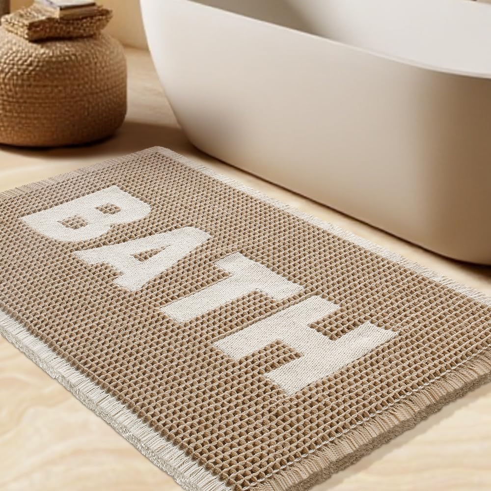 Upgrade Waffle Bath Mat Set 2 Piece, Boho Bathroom Rugs Absorbent Non Slip, Ultra Soft Bathroom Mat, Machine Washable Knit Bath Rugs with Herringbones for Bathroom, Bedroom, Kitchen, Shower, White
