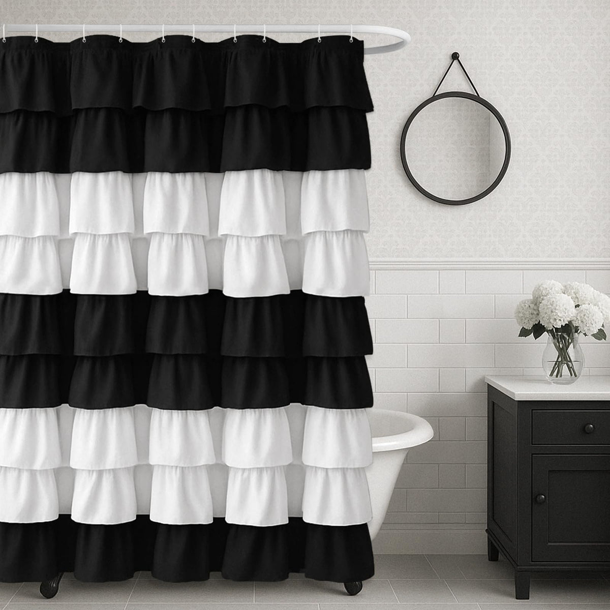 Seasonwood Black Ruffle Shower Curtain Farmhouse Shower Curtain 72 X 72